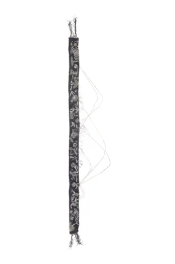 Purple embellished fringe silk skinny scarf featuring metallic bead broderie motif