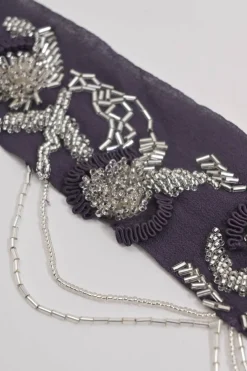 Purple embellished fringe silk skinny scarf featuring metallic bead broderie motif