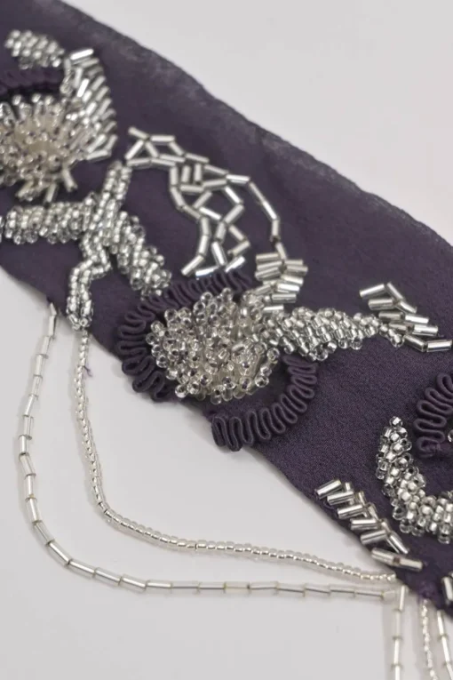Purple embellished fringe silk skinny scarf featuring metallic bead broderie motif
