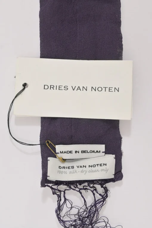 Purple embellished fringe silk skinny scarf featuring metallic bead broderie motif