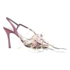 Purple feather and fabric flower-embellished satin heeled sandals with adjustable ankle strap