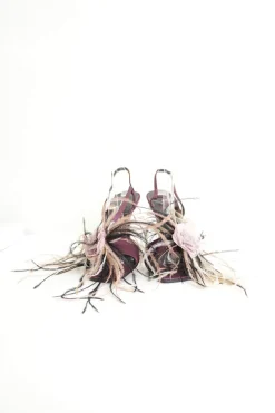 Purple feather and fabric flower-embellished satin heeled sandals with adjustable ankle strap