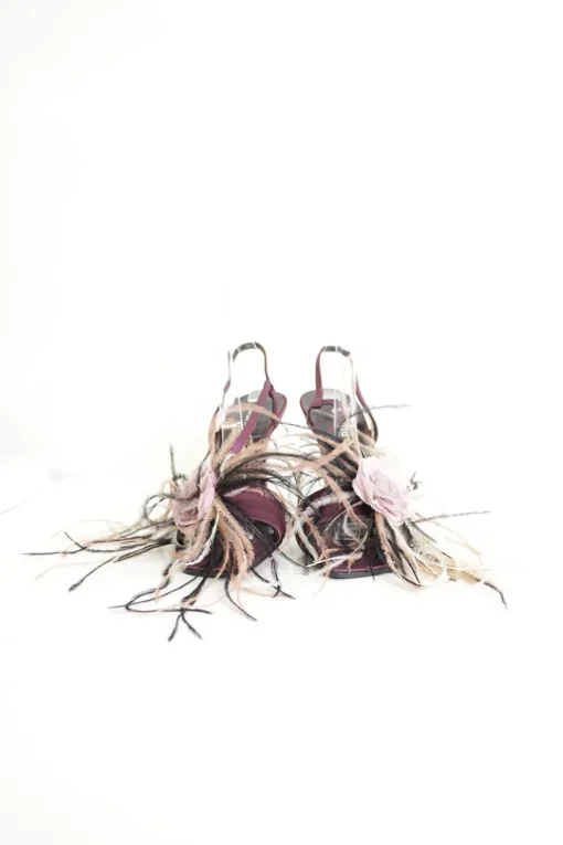 Purple feather and fabric flower-embellished satin heeled sandals with adjustable ankle strap