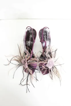 Purple feather and fabric flower-embellished satin heeled sandals with adjustable ankle strap