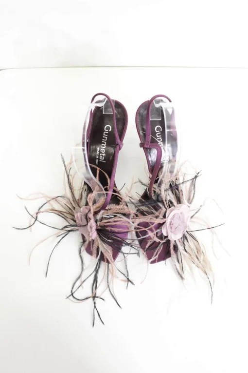Purple feather and fabric flower-embellished satin heeled sandals with adjustable ankle strap