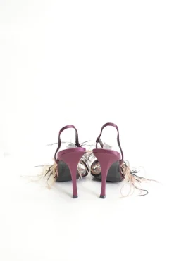Purple feather and fabric flower-embellished satin heeled sandals with adjustable ankle strap