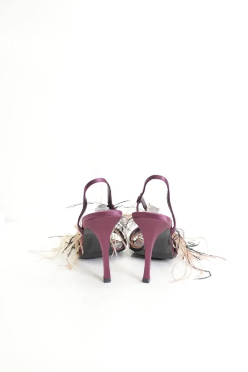 Purple feather and fabric flower-embellished satin heeled sandals with adjustable ankle strap