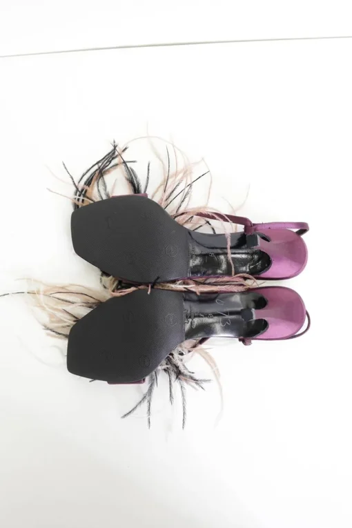 Purple feather and fabric flower-embellished satin heeled sandals with adjustable ankle strap