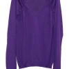 Purple merino wool ruched pullover V-neck sweater with ribbed blouson sleeve cuffs and hem