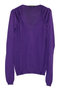 Purple merino wool ruched pullover V-neck sweater with ribbed blouson sleeve cuffs and hem