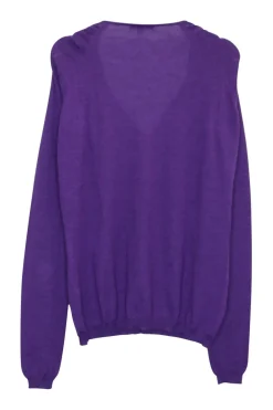 Purple merino wool ruched pullover V-neck sweater with ribbed blouson sleeve cuffs and hem