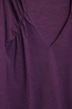 Purple merino wool ruched pullover V-neck sweater with ribbed blouson sleeve cuffs and hem