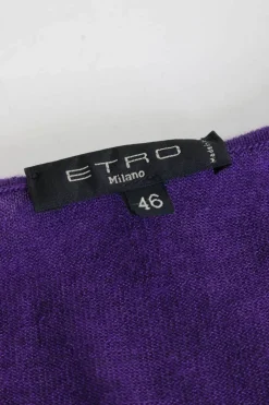 Purple merino wool ruched pullover V-neck sweater with ribbed blouson sleeve cuffs and hem