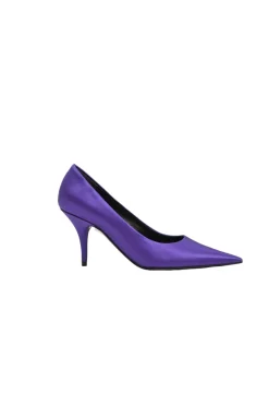 Purple satin and leather pointed-toe knife pumps