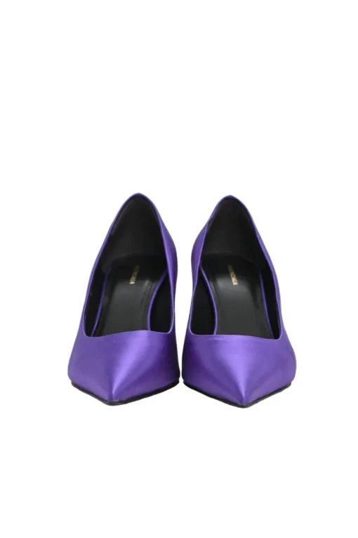 Purple satin and leather pointed-toe knife pumps