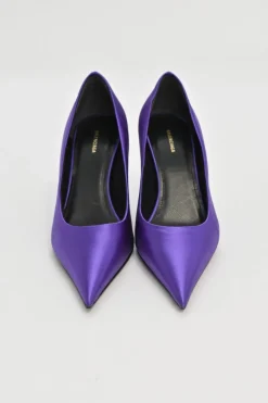 Purple satin and leather pointed-toe knife pumps