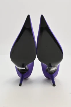 Purple satin and leather pointed-toe knife pumps