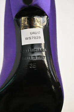 Purple satin and leather pointed-toe knife pumps