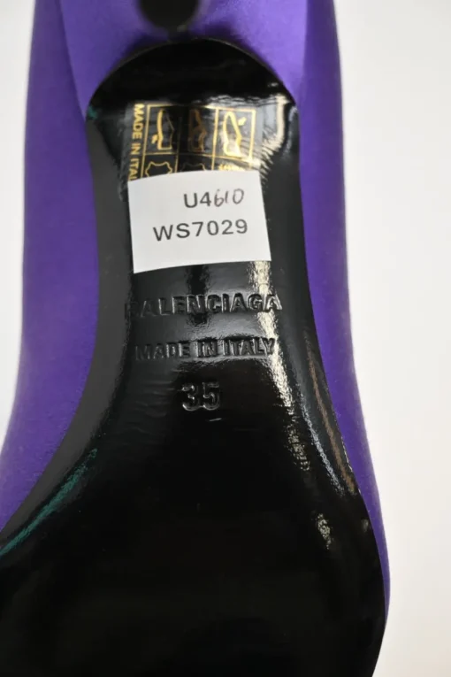 Purple satin and leather pointed-toe knife pumps