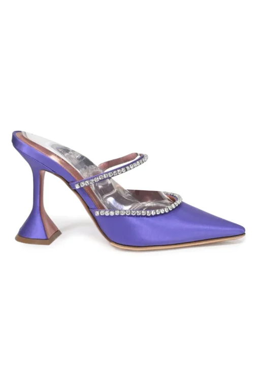 Purple satin and strass pointed-toe Gilda Mules with signature sculpted comma heels
