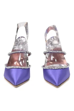 Purple satin and strass pointed-toe Gilda Mules with signature sculpted comma heels