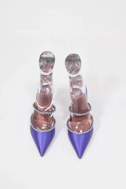 Purple satin and strass pointed-toe Gilda Mules with signature sculpted comma heels