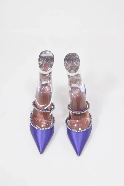 Purple satin and strass pointed-toe Gilda Mules with signature sculpted comma heels