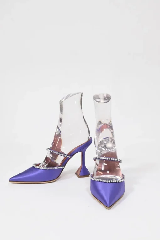 Purple satin and strass pointed-toe Gilda Mules with signature sculpted comma heels