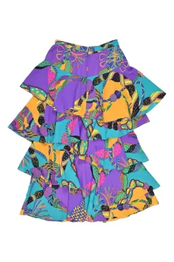 Purple silk bateau neck cap sleeve two-piece ra-ra skirt set with velcro floral belt