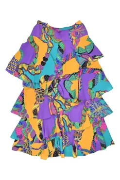 Purple silk bateau neck cap sleeve two-piece ra-ra skirt set with velcro floral belt
