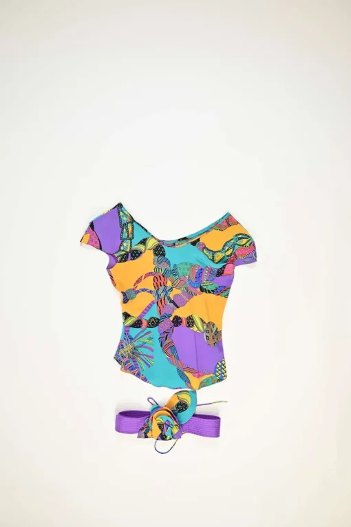 Purple silk bateau neck cap sleeve two-piece ra-ra skirt set with velcro floral belt