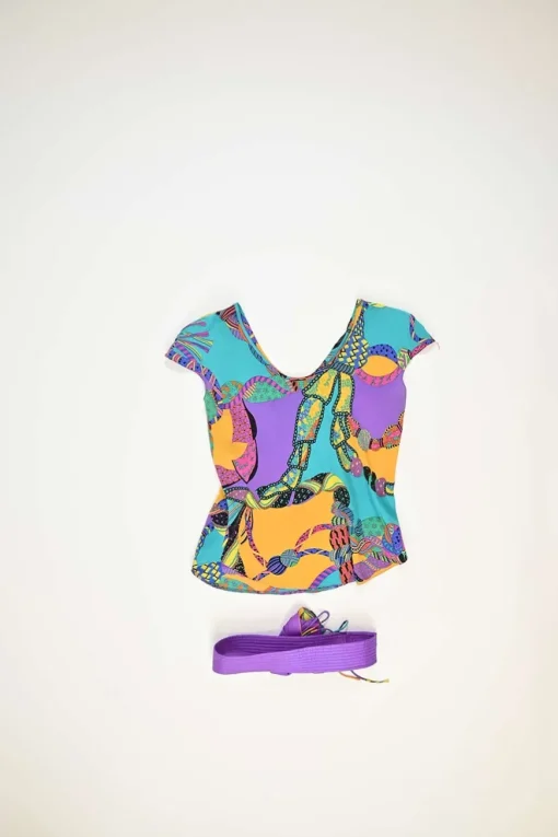 Purple silk bateau neck cap sleeve two-piece ra-ra skirt set with velcro floral belt