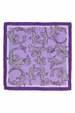 Purple silk paisley logo print scarf