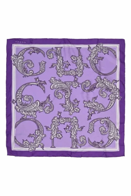 Purple silk paisley logo print scarf
