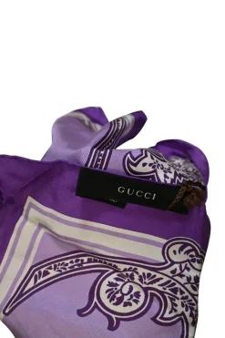 Purple silk paisley logo print scarf