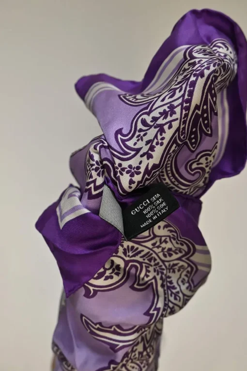 Purple silk paisley logo print scarf