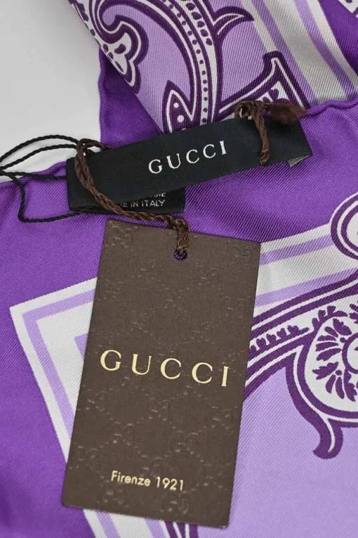 Purple silk paisley logo print scarf