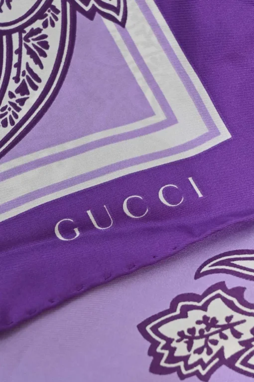 Purple silk paisley logo print scarf