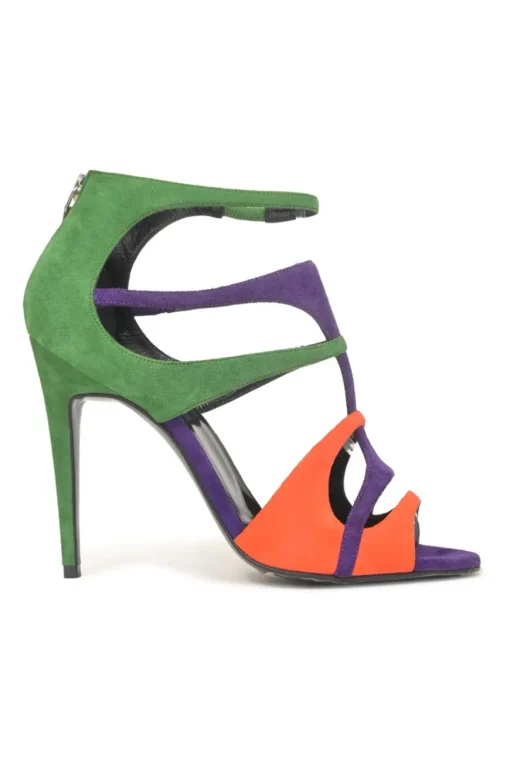 Purple suede colour-block strappy open-toe booties with rear zip fastening