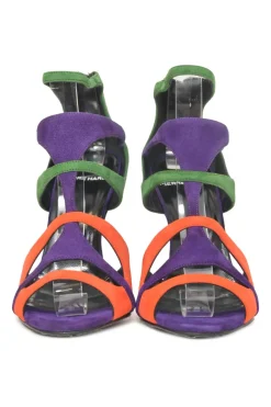 Purple suede colour-block strappy open-toe booties with rear zip fastening