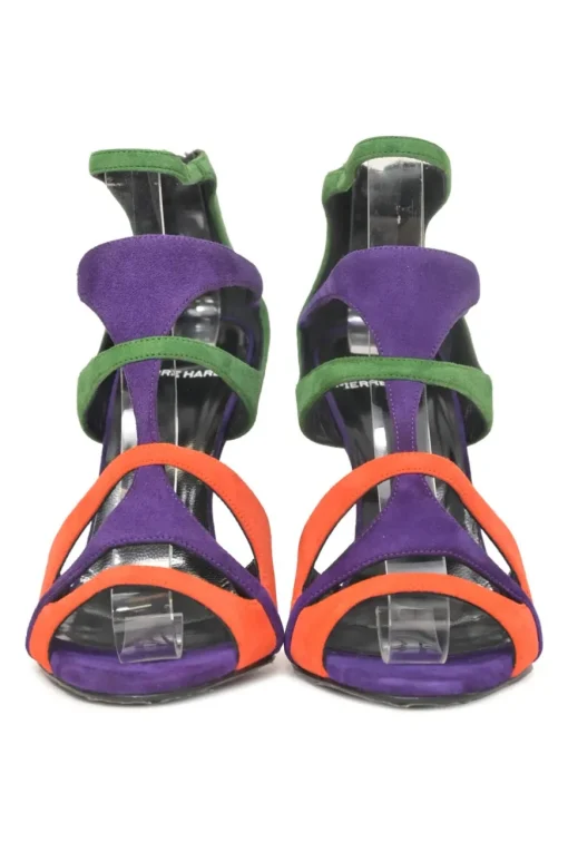 Purple suede colour-block strappy open-toe booties with rear zip fastening
