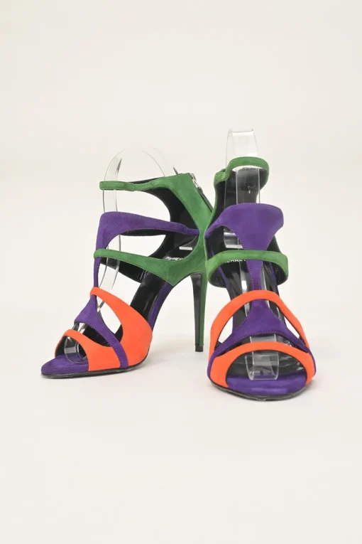 Purple suede colour-block strappy open-toe booties with rear zip fastening