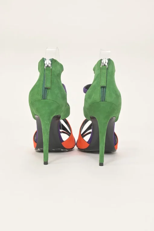 Purple suede colour-block strappy open-toe booties with rear zip fastening