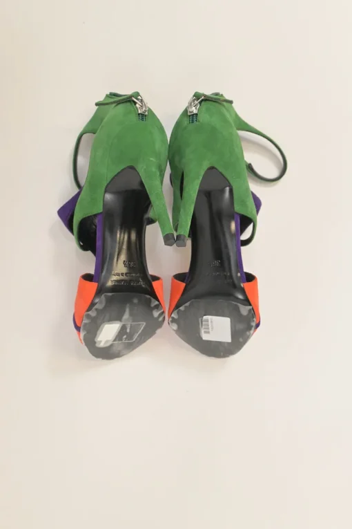 Purple suede colour-block strappy open-toe booties with rear zip fastening