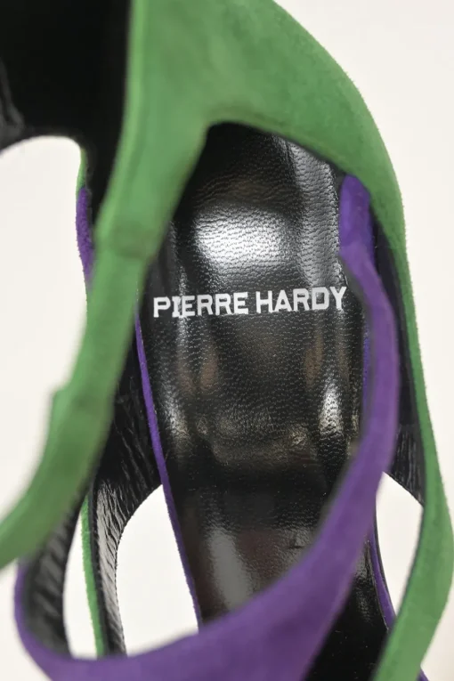 Purple suede colour-block strappy open-toe booties with rear zip fastening