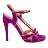 Purple suede open toe high heel sandals with gold leather lining