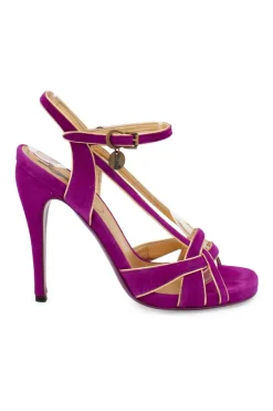 Purple suede open toe high heel sandals with gold leather lining