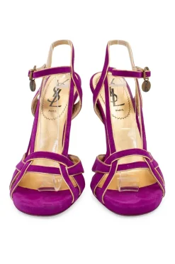 Purple suede open toe high heel sandals with gold leather lining