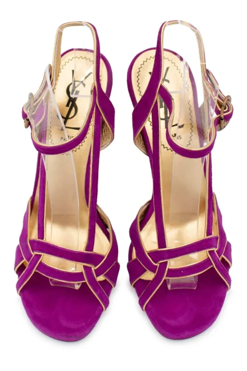 Purple suede open toe high heel sandals with gold leather lining