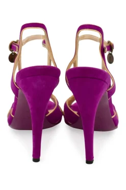 Purple suede open toe high heel sandals with gold leather lining